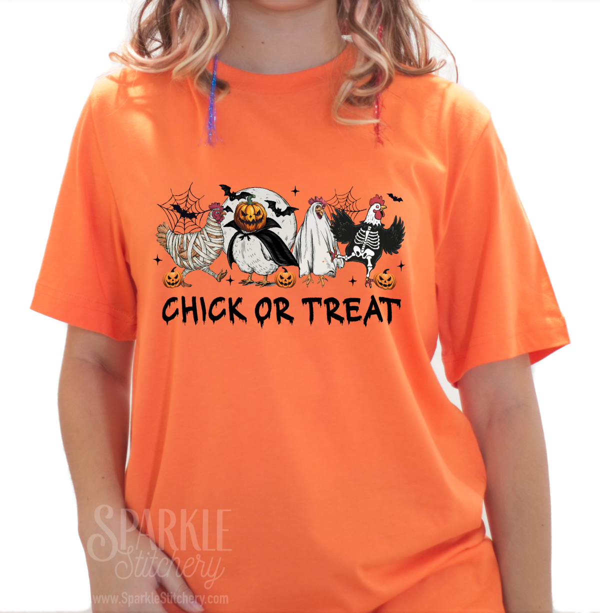 Halloween "Chick or Treat" Spooky chicken design Women Short Sleeve T Shirt