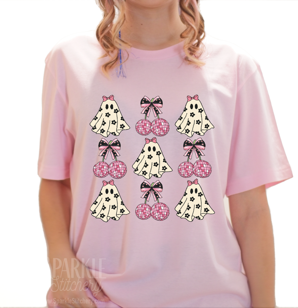 Halloween Coquette Ghost & Bow Disco Cherry Women Short Sleeve T Shirt