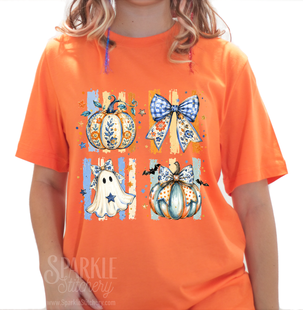 Halloween Coquette Blue Bows , Ghost & Pumpkins Design Women Short Sleeve T Shirt