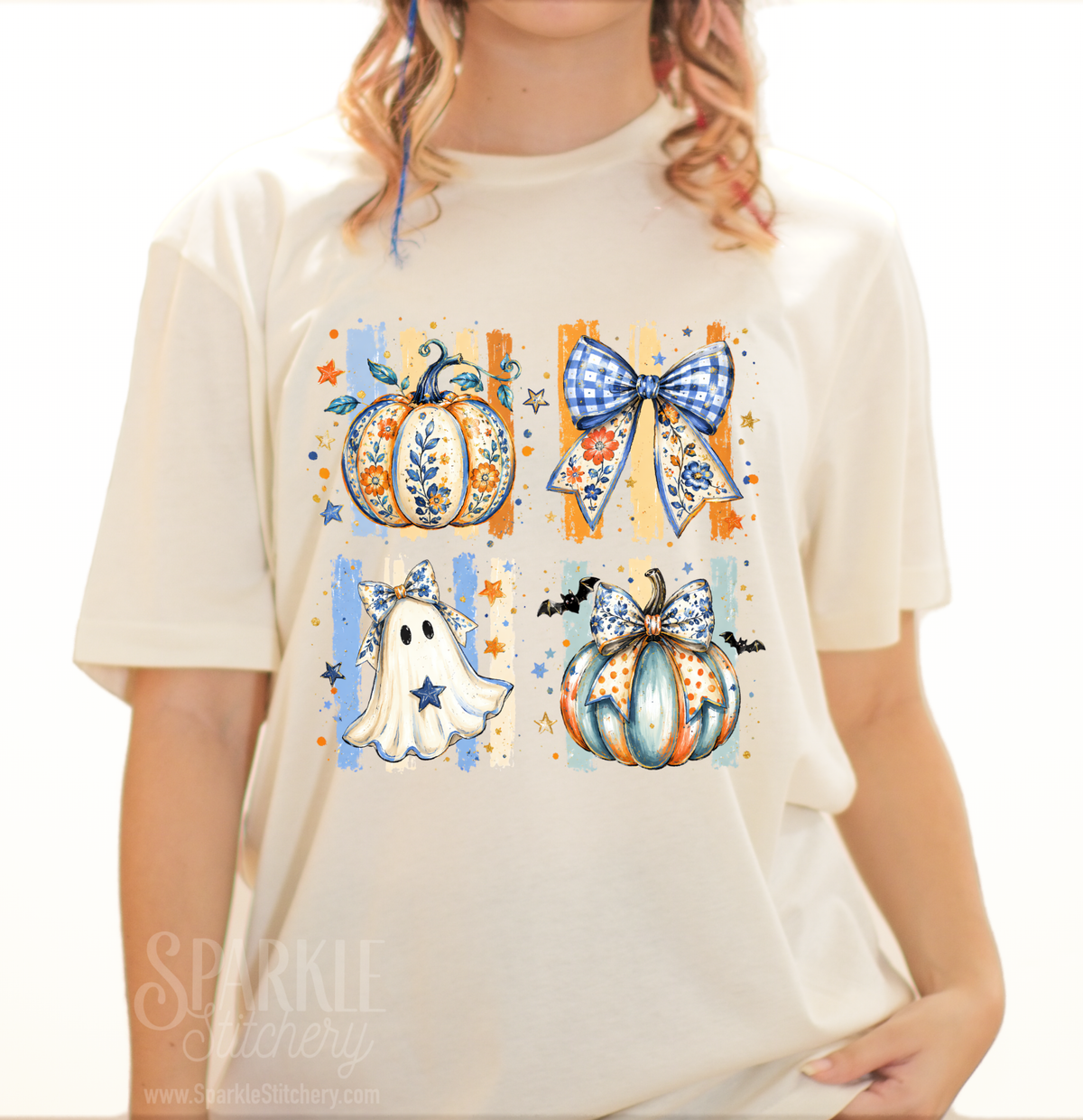 Halloween Coquette Blue Bows , Ghost & Pumpkins Design Women Short Sleeve T Shirt
