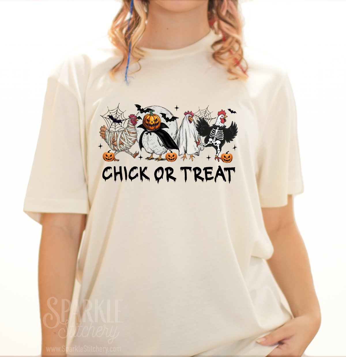 Halloween "Chick or Treat" Spooky chicken design Women Short Sleeve T Shirt