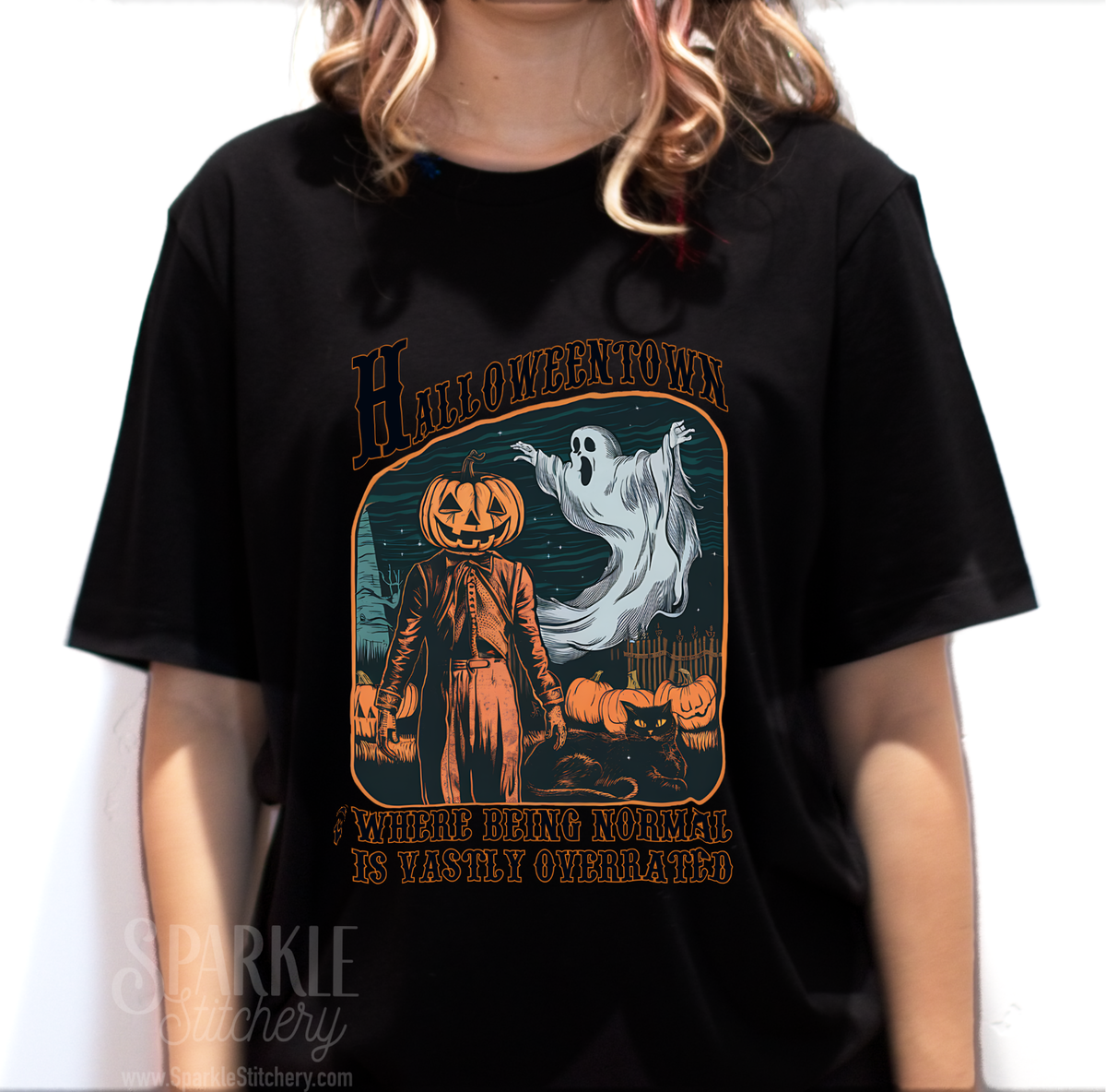 Halloween Ghost & pumpkin Black T shirt Unisex