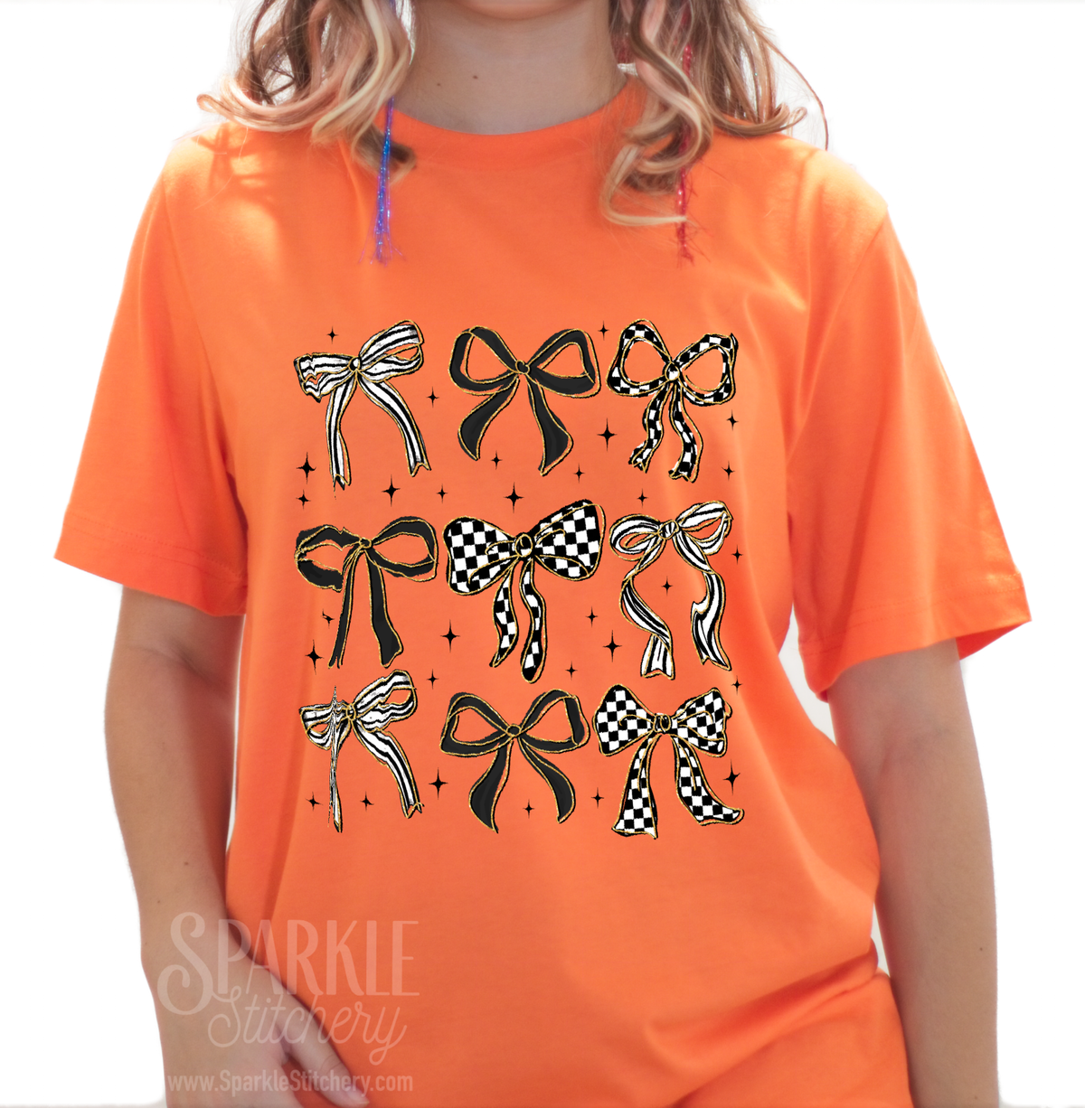 Halloween Coquette Bow Grid Women Short Sleeve T Shirt