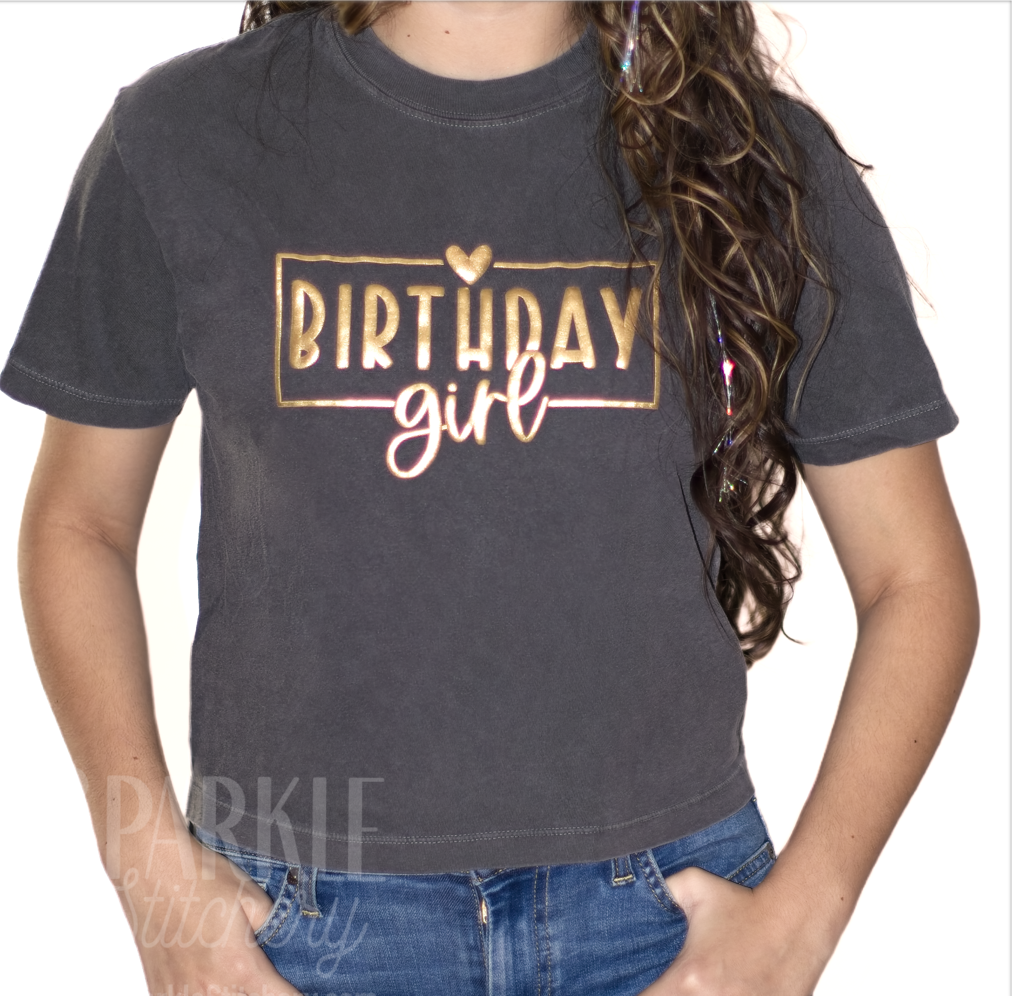 Birthday Girl Women T shirt on Boxy Tee and Gold Metallic Puff Font