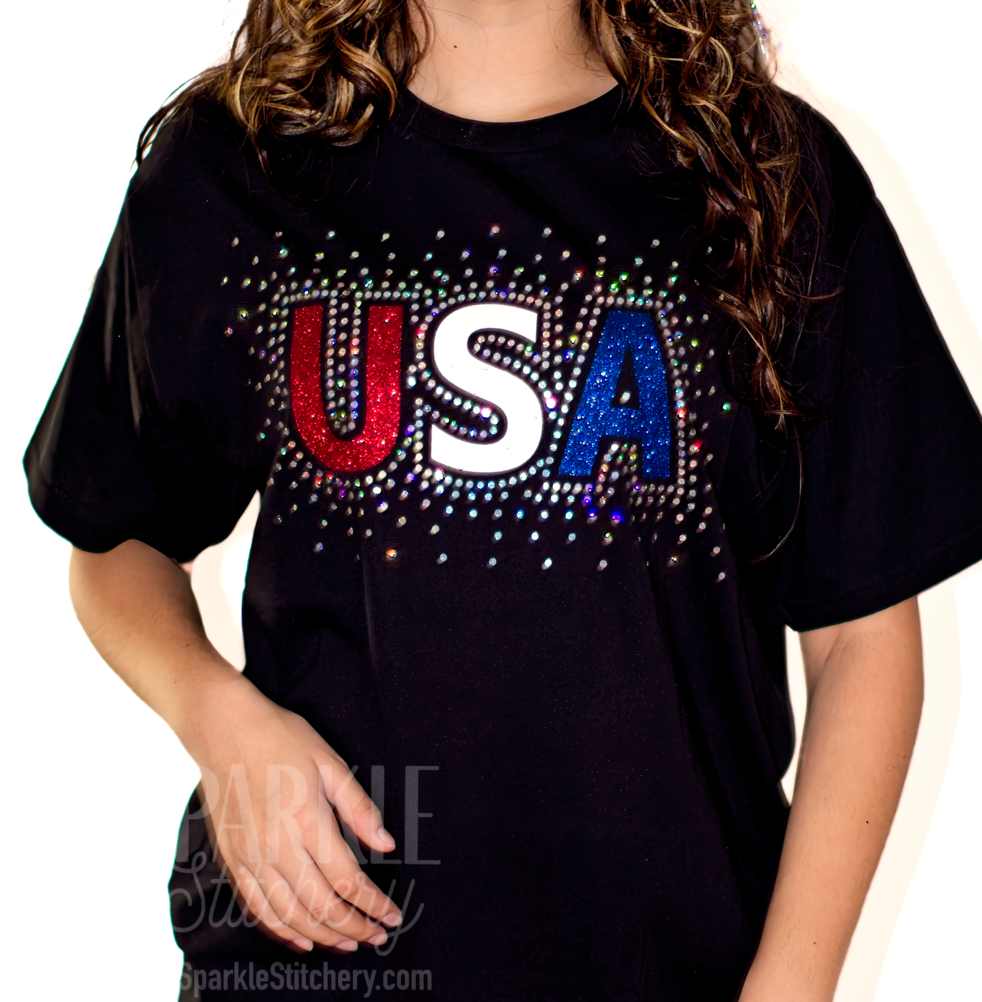 Bling USA America Red, White and Blue Glitter Women  Short Sleeve T Shirt