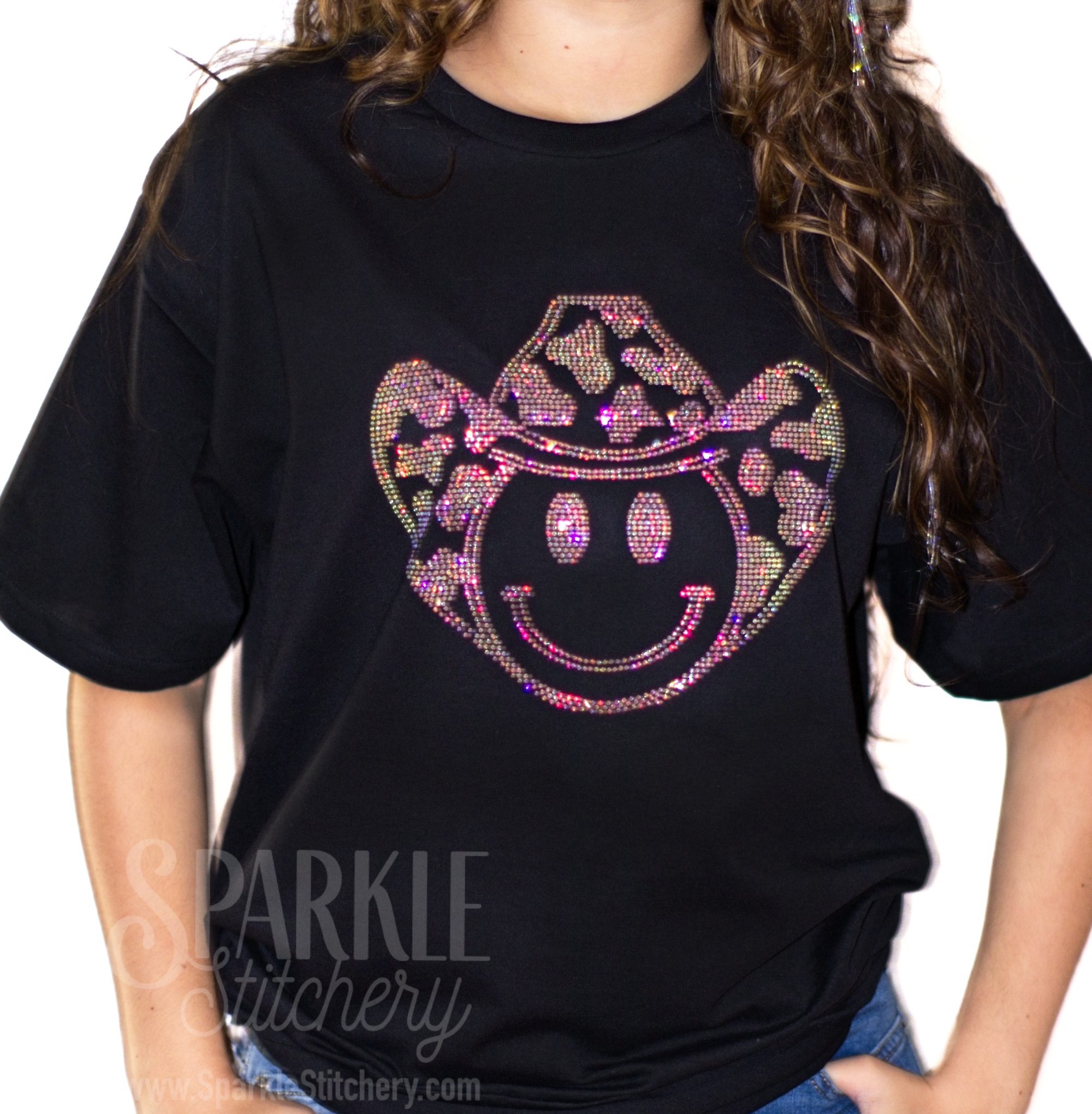 Bling Cowboy Smiley Happy Face Rhinestone Women Short Sleeve T Shirt