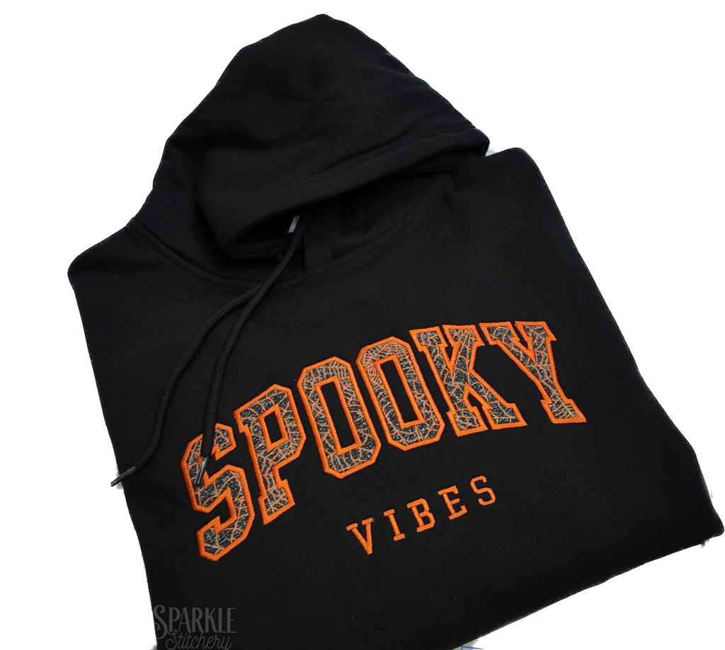 Halloween "Spooky Vibes" Embroidery Design Black Hoodies. (Optional Bling Cord Upgrade)