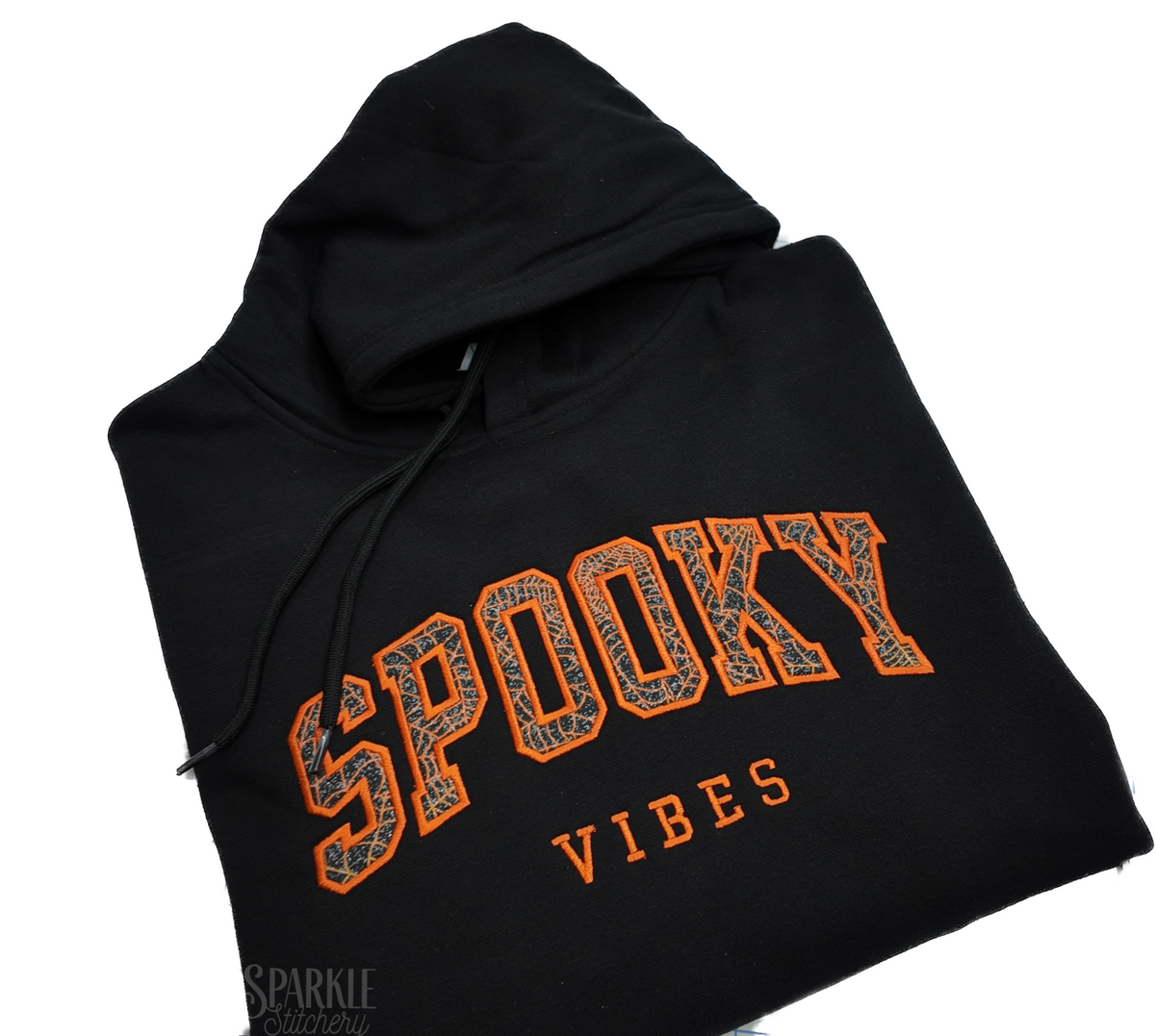 Halloween "Spooky Vibes" Embroidery Design Black Hoodies. (Optional Bling Cord Upgrade)